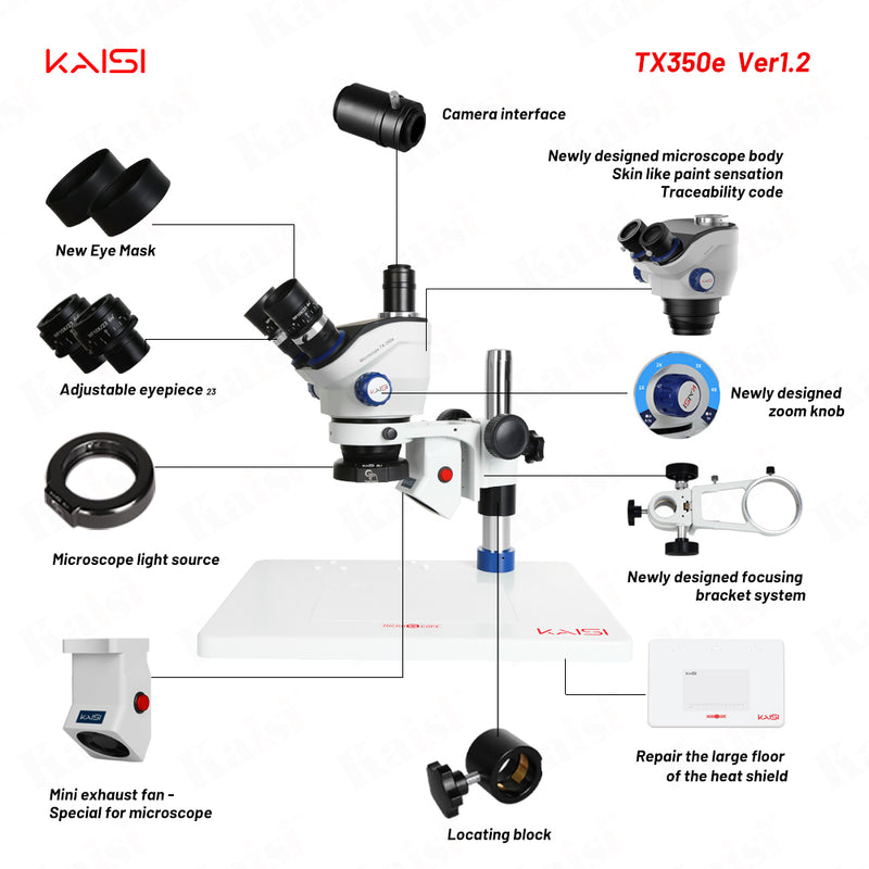 Kaisi TX-350E trinocular microscope, 7X-50X magnification and WF10x23 square eyepiece, professional mobile phone repair microscope for electronic repair laboratory microscope