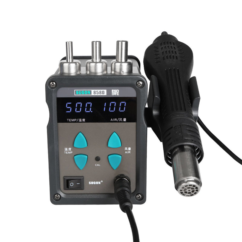 SUGON 858D Digital display thermostat small air gun. Even number display, easy to read, easy to use. The temperature and air volume can be adjusted accurately by pressing buttons. Convenient real-time operation, controlled by magnetic switch. With automatic sleep function, you can set parameters in the sleep state.