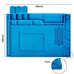 KAISI 160 high temperature resistant magnetic insulation silicone matHigh temperature resistance 500°C. Multiple holes for fixing screws, IC chips and small parts. Built-in scale at the bottom. Make your repairs easy. A good partner of heat gun.