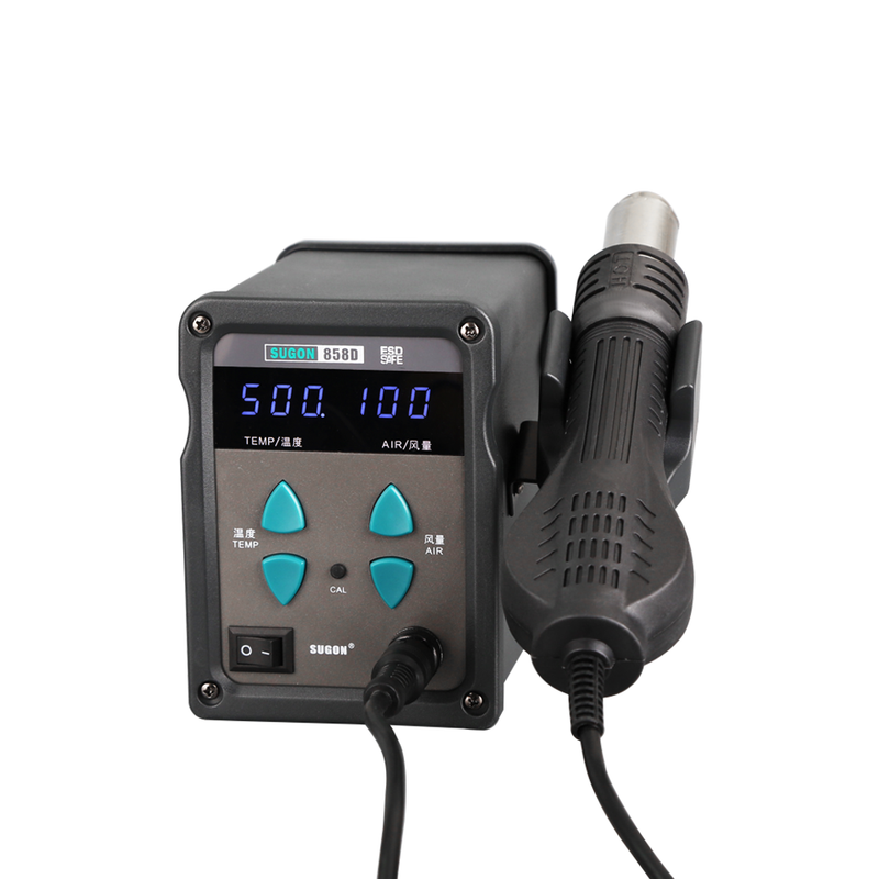SUGON 858D Digital display thermostat small air gun. Even number display, easy to read, easy to use. The temperature and air volume can be adjusted accurately by pressing buttons. Convenient real-time operation, controlled by magnetic switch. With automatic sleep function, you can set parameters in the sleep state.
