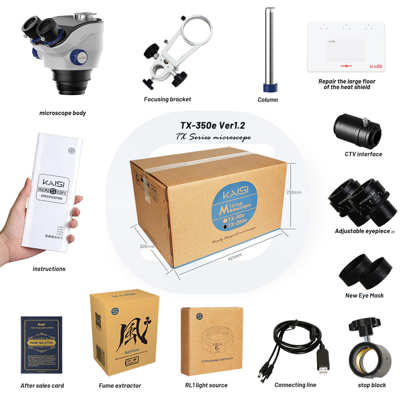KAISI TX-350E 1.2 upgraded version trinocular microscope 7X-50X magnification WF10x23 square eyepiece professional mobile phone repair microscope electronic repair laboratory microscope