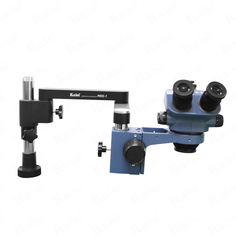 KAISI 37050 triocular Continuous Zoom microscope MRS Stand is retractable, the microscope is fixed to the tabletop and can be rotated 360 degrees