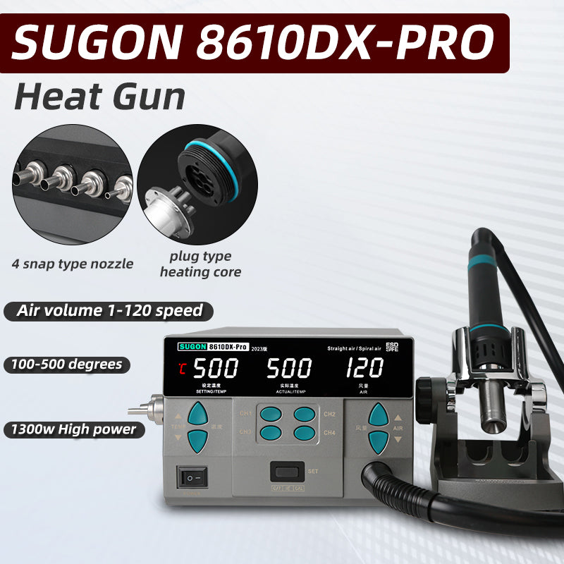 SUGON 8610DXPro professional version pluggable new hot air gun welding stand electronic repair strong wind 4 air gun nozzles