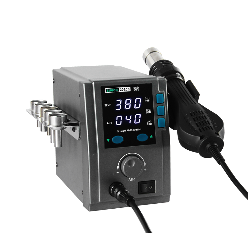 SUGON 2020D Hot Air Gun. Sensors, closed circuit, the zero passage trigger temperature control of the microcomputer, LED display, big power, heating is rapid, accurate and stable temperature, not affected by the air volume, truly lead-free desoldering. Calibration temperature function.