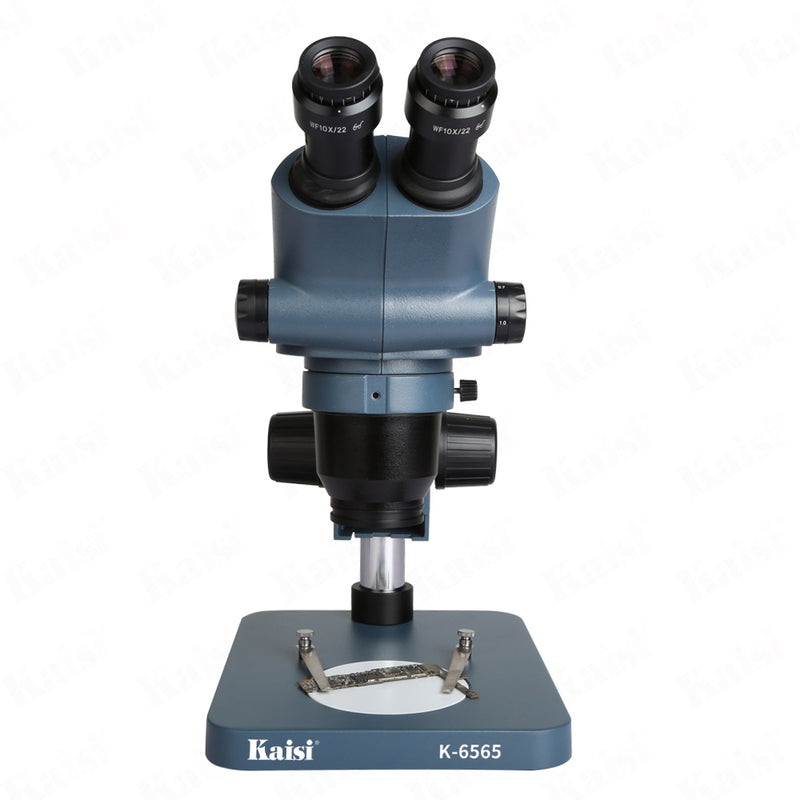 The KAISI 6565 microscope offers 0.65-6.5 zoom magnifications with optional eyepieces and auxiliary lenses, allowing users to extend magnification to 2x- 260x. The KAISI 6565 microscope provides crystal-clear images and a vivid color palette. The KAISI 6565 microscope offers an extended working distance of 30-287mm, with a standard working distance of 110mm.