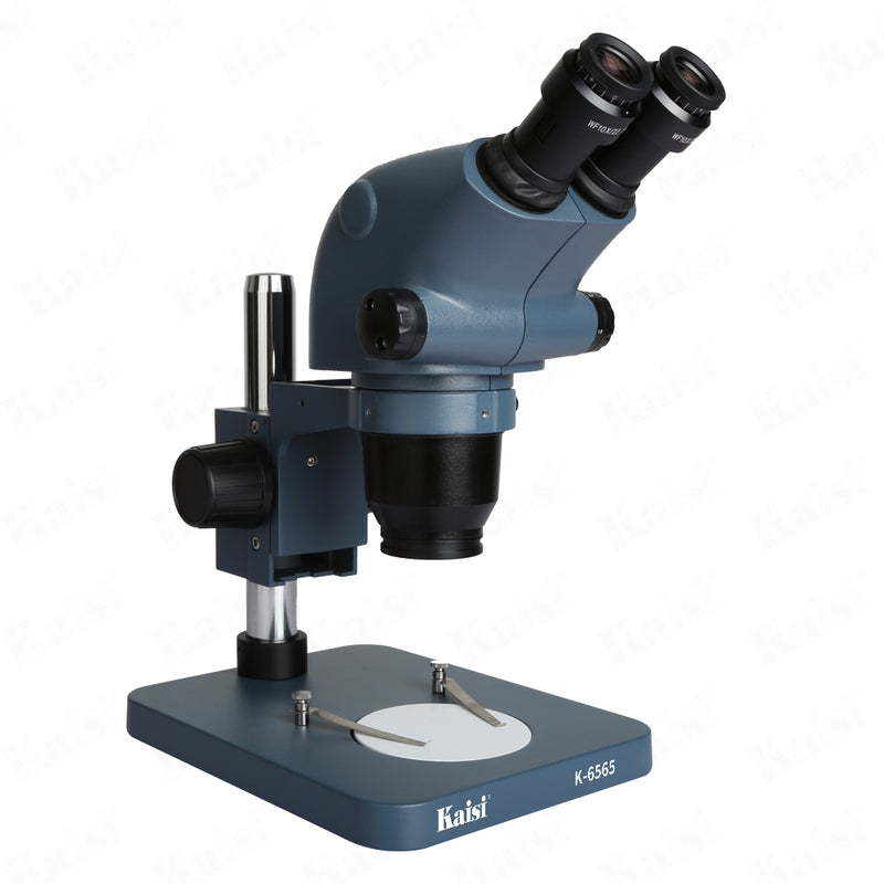 The KAISI 6565 microscope offers 0.65-6.5 zoom magnifications with optional eyepieces and auxiliary lenses, allowing users to extend magnification to 2x- 260x. The KAISI 6565 microscope provides crystal-clear images and a vivid color palette. The KAISI 6565 microscope offers an extended working distance of 30-287mm, with a standard working distance of 110mm.